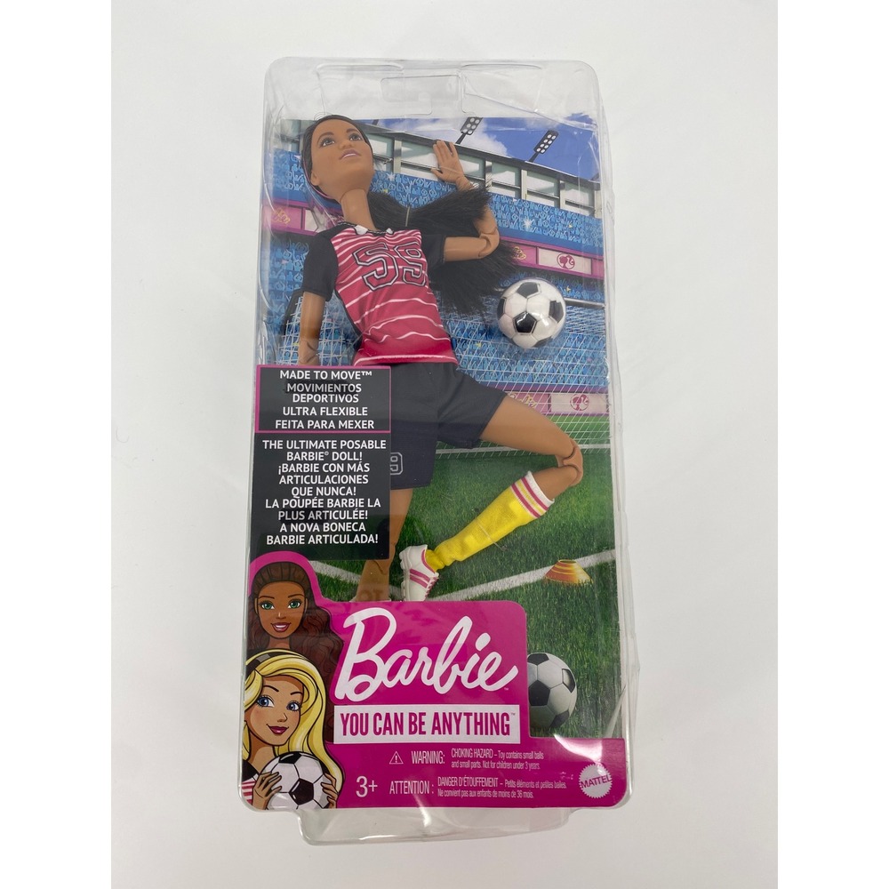 Barbie Made to Move Soccer Player Doll Kids Pink Black NIB DVF69 Posable Sport